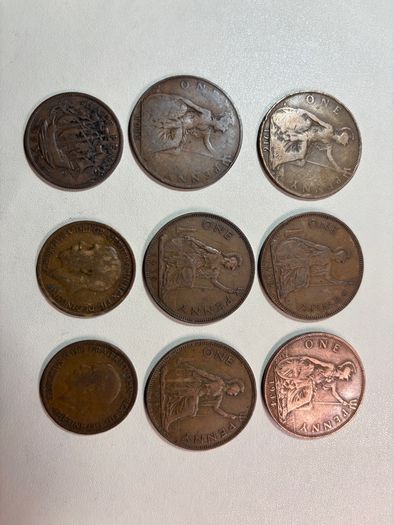 6 UK one pence and 3 UK half pence