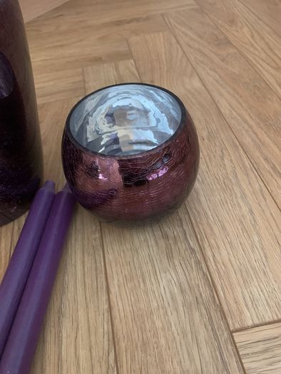 Purple Vase, Tea Light Holder & Two Purple Dinner Candles