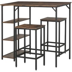 3 Piece Industrial Bar Table Set, Bar Table with 2 Stools and Side Shelf, Kitchen Table and Chairs for Dining Room, Dinette