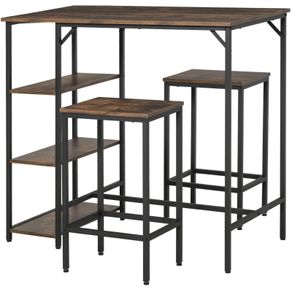 3 Piece Industrial Bar Table Set, Bar Table with 2 Stools and Side Shelf, Kitchen Table and Chairs for Dining Room, Dinette
