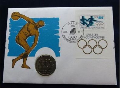 East Germany DDR Olympics 1988 Athletics coin stamp cover 10 mark BUNC vintage limited edition