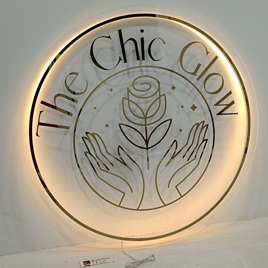 Round Acrylic Logo Sign - Mirror Gold Lettering, LED Backlit, Any Logo