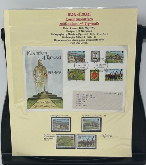 24 Beautifully written up Isle of Man display pages with lots of postcards and stamps. Maps, IOM TT and Manx cat noted