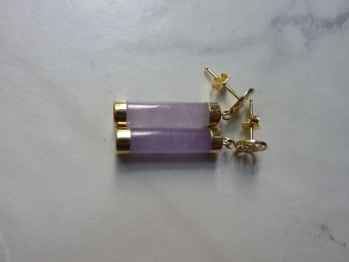 14K Gold Lavender Jade Bar Drop Earrings, Pierced Chinese Character, Sterling Silver Backs