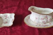 3 Piece Royal Albert Victoriana Rose Bone China Gold Gilt Gravy Boat, Gravy Boat Saucer And Square Dip Dish Set Made In England