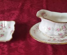 3 Piece Royal Albert Victoriana Rose Bone China Gold Gilt Gravy Boat, Gravy Boat Saucer And Square Dip Dish Set Made In England