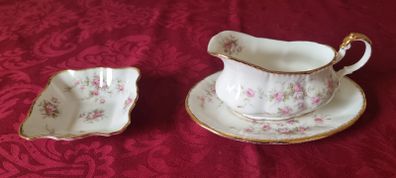 3 Piece Royal Albert Victoriana Rose Bone China Gold Gilt Gravy Boat, Gravy Boat Saucer And Square Dip Dish Set Made In England