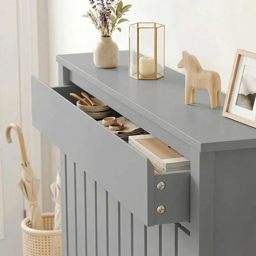 Radiator Cover with Drawer, Vertical Slatted Grill, Industrial MDF Wood Cabinet Shelf Heating Cover for Living Room, Bedroom, Hallway, Small, 88.5 x 19 x 93cm, Grey