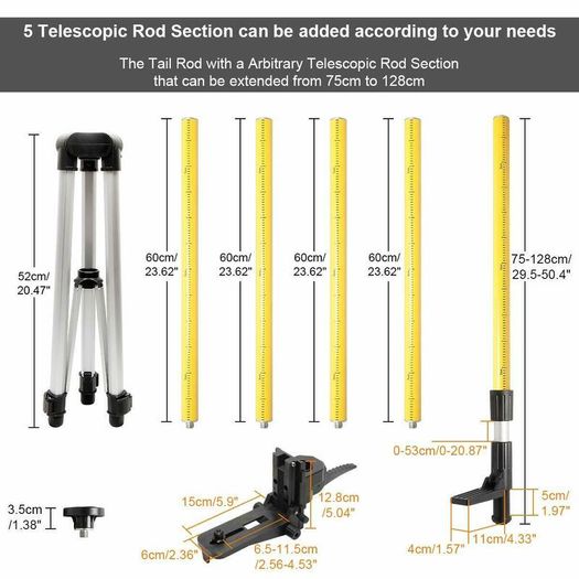 12 Ft./3.7m Laser Level Tripod Telescoping Pole with 1/4-Inch by 20-Inch Laser Mount for Rotary Included Rod & 5/8"-11 Adapter