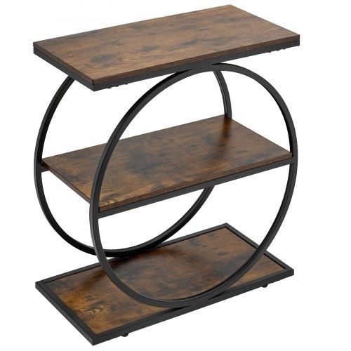 End Table, 3-Tier Narrow Side Table with Open Storage Shelves, Modern Nightstand Bedside Desk with Round Metal Frame, Wood Sofa Coffee Desk for Living Room, Bedroom, Office, Rustic Brown