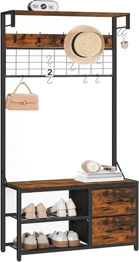 Coat Rack with Shoe Storage Bench, Coat Stand with Hooks and 2 Drawers, 4-in-1 Design, Coat and Shoe Rack, for Hallway, Entryway, Living Room, Bedroom, Rustic Brown and Black