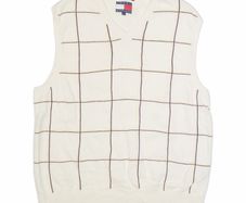 Tommy Hilfiger Mens Patterned Vest Cream Check V Neck Tight Knit Sleeveless
