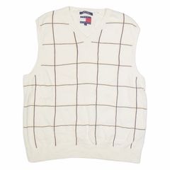Tommy Hilfiger Mens Patterned Vest Cream Check V Neck Tight Knit Sleeveless