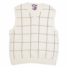 Tommy Hilfiger Mens Patterned Vest Cream Check V Neck Tight Knit Sleeveless