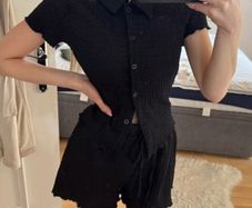 Black button up shirt and shorts co ord