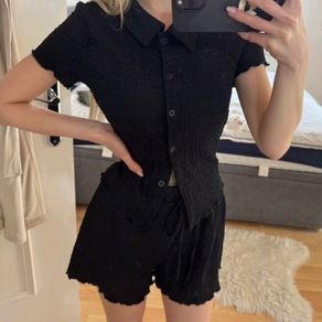 Black button up shirt and shorts co ord