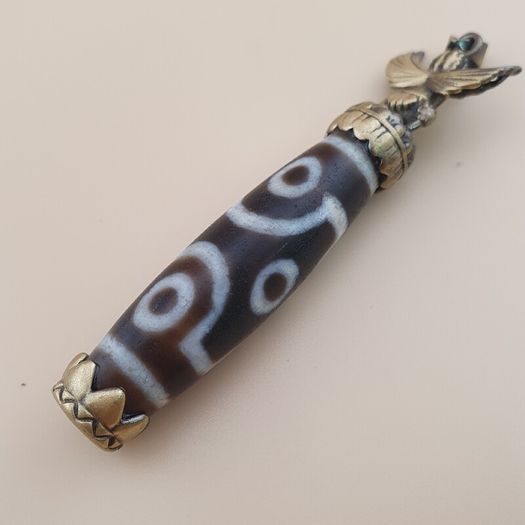 Vintage 6 Eyes Hiamalyan Tibetan Agate Bead Brass Pendant
