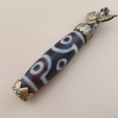 Vintage 6 Eyes Hiamalyan Tibetan Agate Bead Brass Pendant