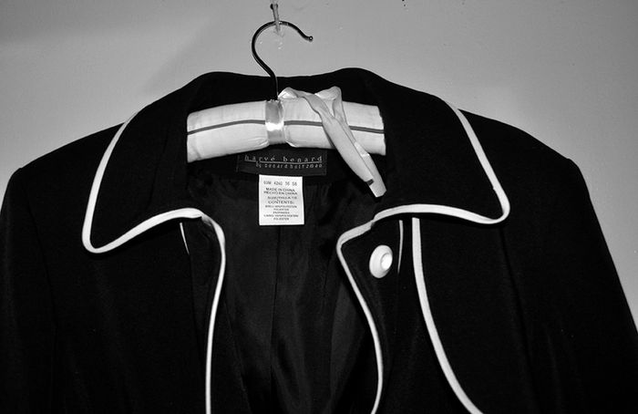 Harve Benard Raincoat, Womens Small, Black w White Piping, belted, knee-length