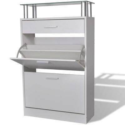 _Shoe Cabinet with a Drawer and a Top Glass Shelf Wood White