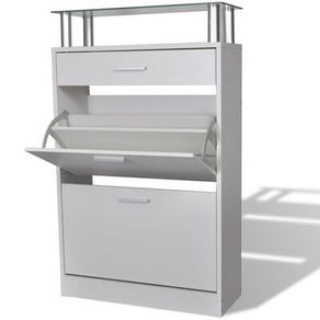 _Shoe Cabinet with a Drawer and a Top Glass Shelf Wood White