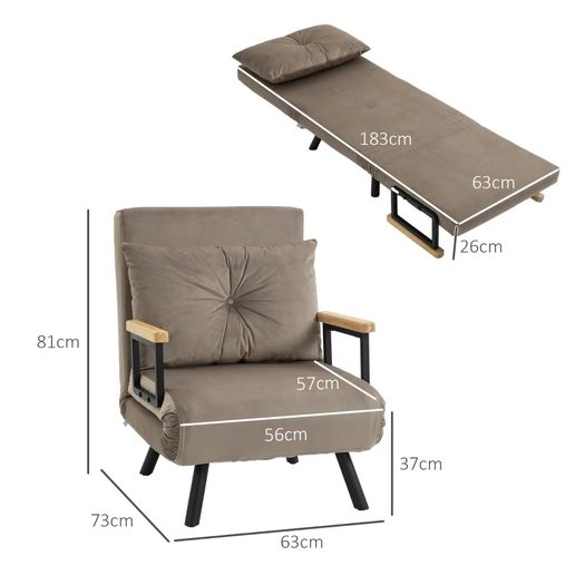 Sleeper Chair, Guest Bed, Adjustable Backrest, up to 120 kg, Steel Frame, 63x73x81cm, Light Brown