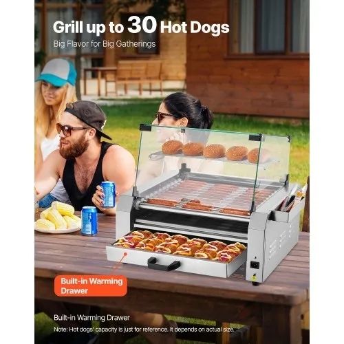 Hot Dog Roller, 30 Hot Dog 11 Rollers, Stainless Steel Sausage Grill Cooker, 2400W Hot Dog Machine with Bun Warmer, Cover, 3 Temp Control, Side Storage Box, Oil Drip Tray, for Home & Commercial