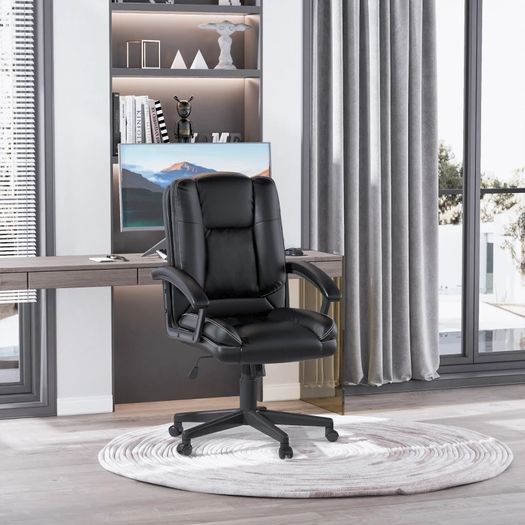 Mid Back Executive Office Chair, Faux Leather Computer Desk Chair with Swivel, Double-Tier Padding, Arm, Wheels, Black
