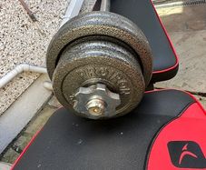 Weights, bench and Punch bag.