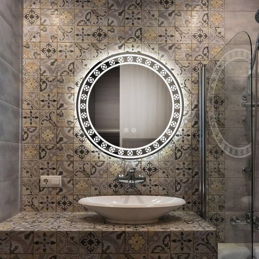 NEW SALE | Patterned 500mm Round Bathroom Mirror Wall Mounted Mirror with LED Light, Sleekest Illuminated Vanity Mirror, Anti-Fog Large Circle Makeup Mirror, 3-Color Dimmable LED Light, IP44