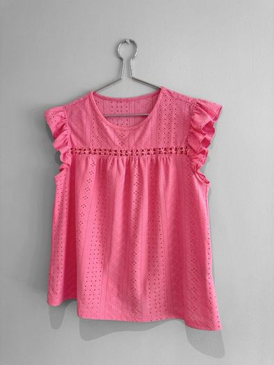 Pre Owned Vibrant Pink Eyelet Cutout Flutter Sleeve Blouse