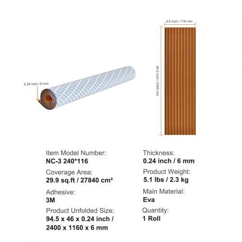 EVA Foam Boat Decking 240 x 116.8 cm, Non-Slip Self-Adhesive Flooring, 2.8 m Marine Carpet for Boats, Yacht, Pontoon, Kayak Decking