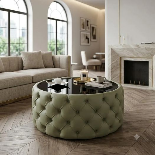 Round Velvet Coffee Table  Tinted Glass Top