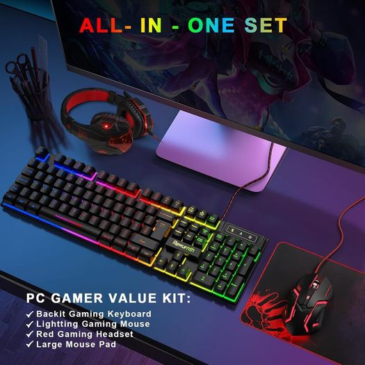 Gaming Keyboard and Mouse Set with Headset, UK Layout, RGB Backlit Wired Keyboard, Ergonomic 4-Color LED Gaming Mouse, Over-Ear Headphones, Large Mousepad, USB Plug & Play for PC Mac PS5 Xbox