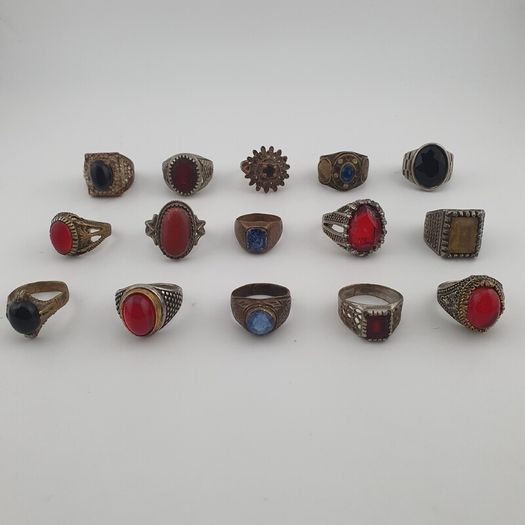 15 Antique Style Brass Rings Mixed Stone & Colourful Glass Accents