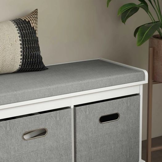 Three-Drawer Shoe Storage Bench, with Padded Top Seat - White