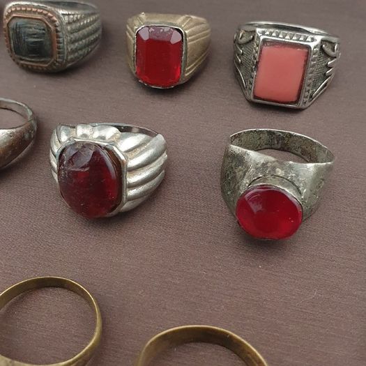 Antique Brass Ring Collection 15 Mixed Handmade Stone & Glass Rings