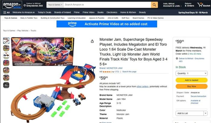 Supercharge Speedway Playset + 2 Monster Jam Trucks (Megalodon and El Toro Loco 1:64 Scale Die-Cast Monster Trucks) Kids Toys
