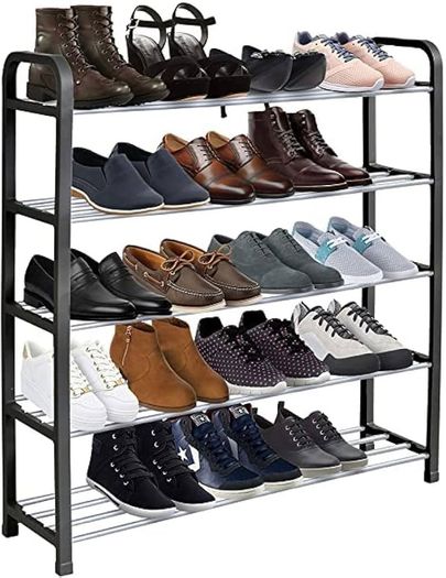 NEW SALE | 5 Tier Shoe Slots Rack - Space Saving Shoe Storage Organiser with Quick, Tool-Free Assembly - Shoe Slots Holds 15-20 Pairs - Dimensions (L) 75.5cm x (W) 18.5cm x (H) 75.5cm - Black