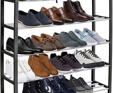 NEW SALE | 5 Tier Shoe Slots Rack - Space Saving Shoe Storage Organiser with Quick, Tool-Free Assembly - Shoe Slots Holds 15-20 Pairs - Dimensions (L) 75.5cm x (W) 18.5cm x (H) 75.5cm - Black