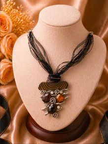 Boho Statement Pendant Necklace Multi Strand Ribbon Cord Crystal Gem Jewellery