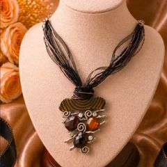Boho Statement Pendant Necklace Multi Strand Ribbon Cord Crystal Gem Jewellery