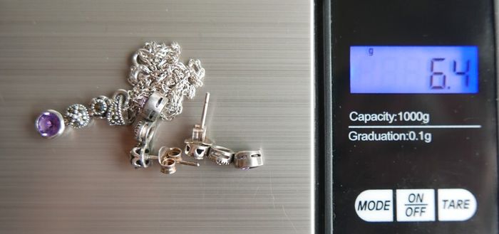 Vintage 925 Sterling Silver Amethyst and Marcasite Necklace and Earring Set