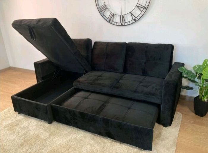 Black Corner Sofa Bed with Storage & Pull-Out Base