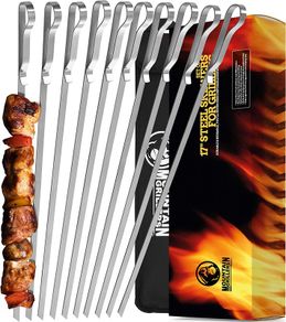 BBQ Grilling Kabob Skewers - 17 Stainless Steel - Long Reusable Flat Metal - Barbecue Shish Kebab Sticks Set of 10 Handy Storage Bag