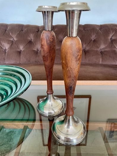 Vintage Tall Pair of Silver Metal and Wooden Candlestick Holders