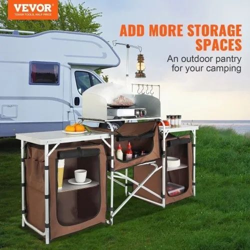 Folding Outdoor Cooking Table with Storage Carrying Bag, Aluminum Cook Station 3 Cupboard & Detachable Windscreen, Quick Set-up for Picnics, BBQ, RV Traveling, Brown