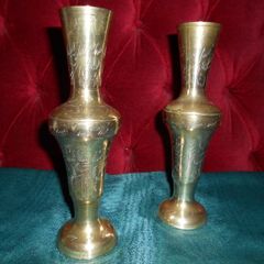 2 Vintage Indian Brass Ornamental Vases (8")
