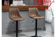 NEW SALE | Brown Leather Bar Stools, Armless, Upholstered, Large Round Base,