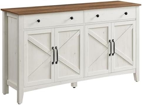 Kitchen Cabinet, Sideboard with Drawers, Storage Cabinet with Doors, Adjustable Shelf, Country House Style, for Living Room, Kitchen, Dining Room, 40 x 140 x 80 cm, Vintage White/Honey Brown